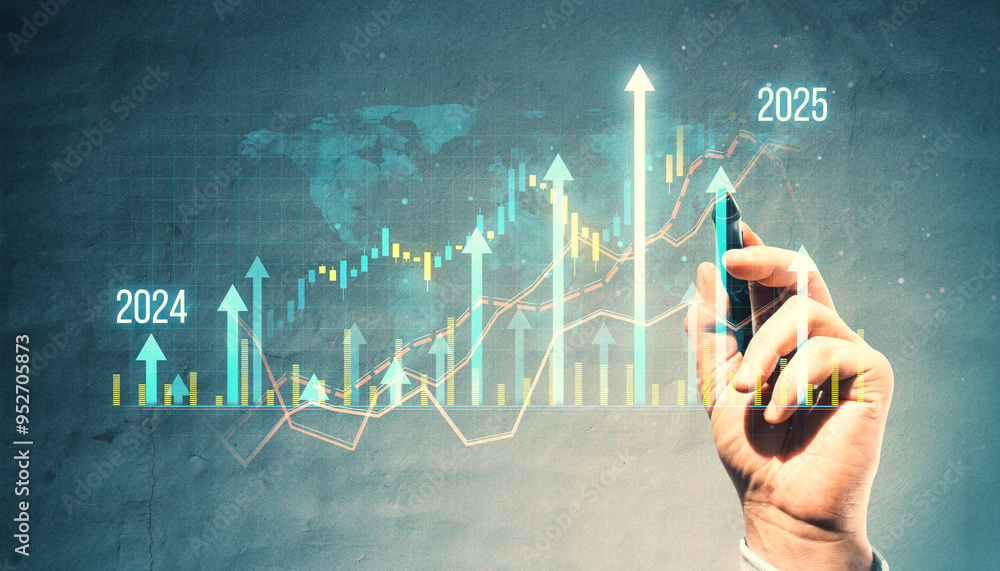 Aufkleber Hand pointing at upward financial graph with arrows and data for 2024 and 2025 on a digital background.