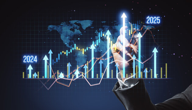 Hand pointing at upward arrows and graphs on digital screen with world map background depicting business growth and future trends.