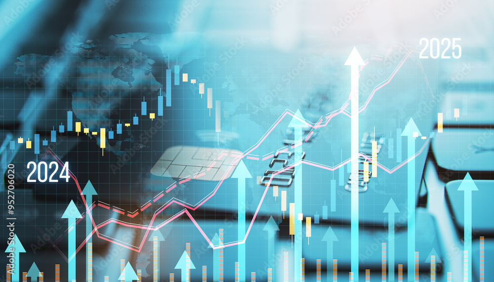 Poster financial growth chart with rising arrows and data projections for 2024 and 2025 on a digital backgr