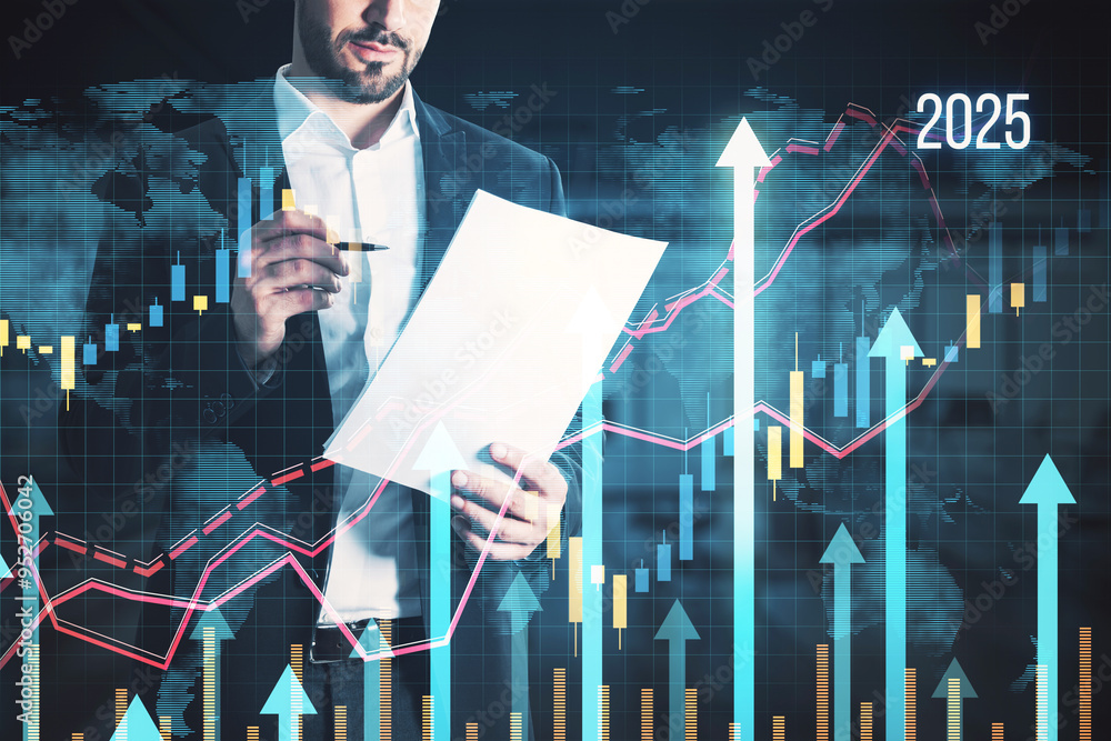 Poster Businessman reading document with upward arrows and stock market graphs in background, representing economic growth in 2025.