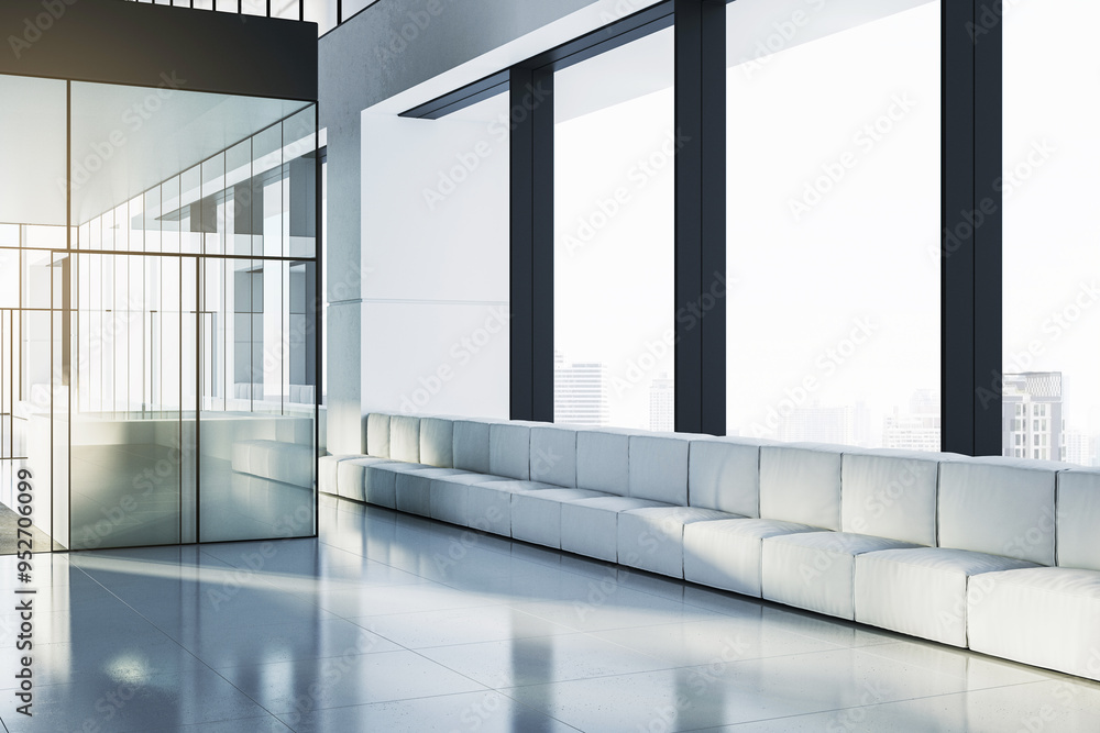 Poster modern office interior with white seating area and large windows. 3d rendering