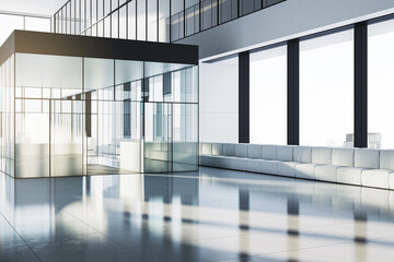 Obraz premium Modern office interior with glass walls, large windows, and minimalistic design. 3D Rendering