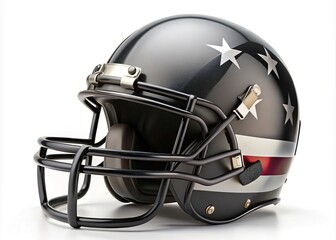 Fototapeta premium A sleek, matte-finish black football helmet with a silver facemask and ear holes, isolated on a white background, showcasing patriotic American football spirit.