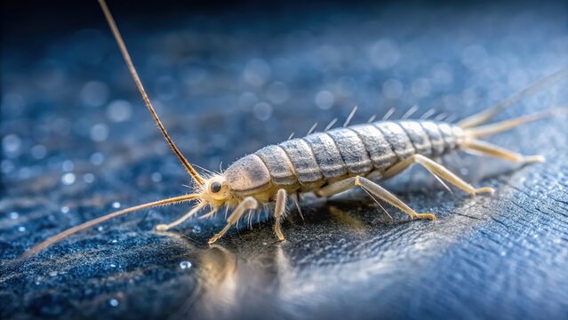 A silverfish insect with a soft, grayish-white body and long, slender antennae sits on a textured, bluish-gray surface in close-up.