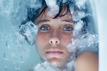 Woman undergoing cold therapy, submerged in a bathtub filled with ice and icy water. Concept of cold exposure for health benefits, resilience, and extreme wellness practices.