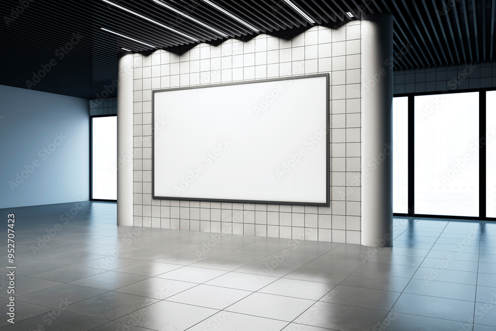 Poster empty gallery room with a large blank poster on tiled wall and modern interior design. 3d rendering