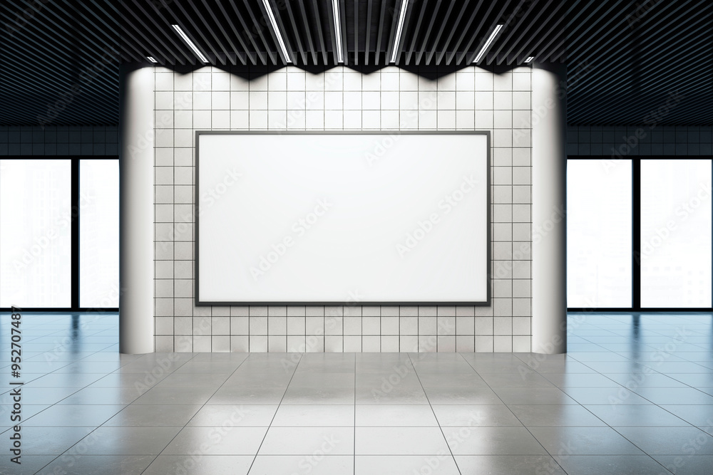 Poster Empty gallery interior with blank framed canvas on a tiled wall. 3D Rendering