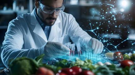 Scientist Conducting DNA Food Analysis with Glowing Digital Effects