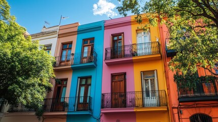 Obraz premium A colorful and cozy street in Buenos Aires with bright colorful houses. Architecture of Argentina.