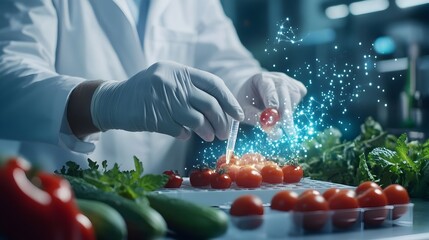 Scientist Conducting DNA Food Testing With Futuristic Digital Displays and Energy Waves