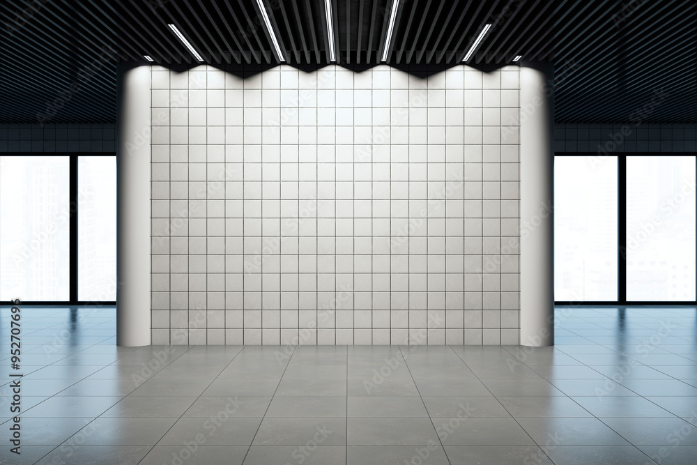 Poster Empty modern gallery wall with tile design and city view windows. 3D Rendering