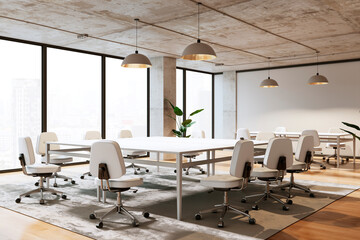 Modern conference room with white chairs and large windows. 3D Rendering