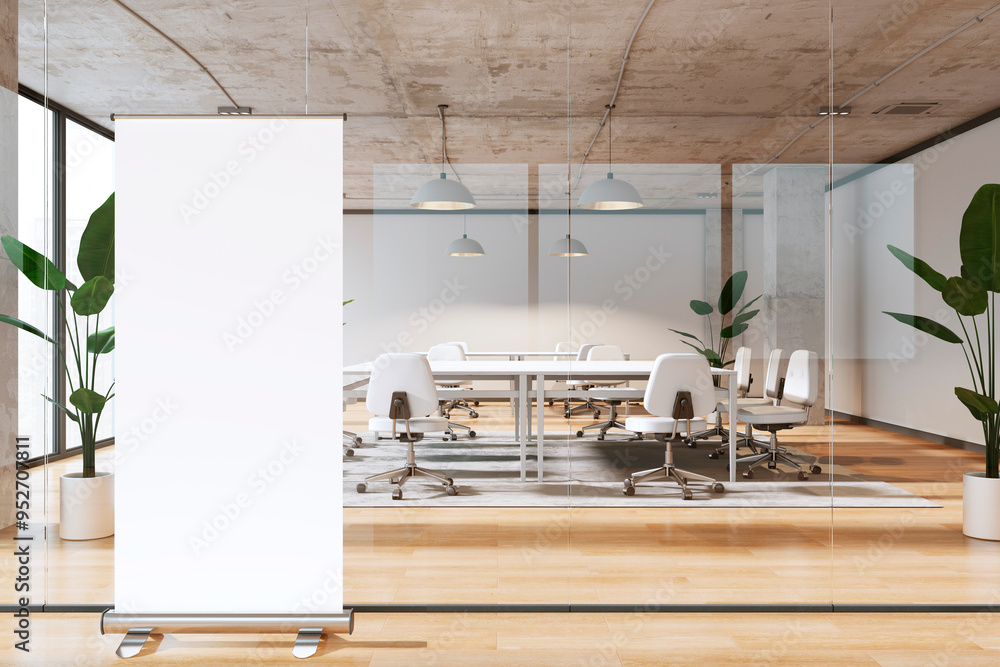 Poster Modern empty conference room with large windows and pull-up banner stand. 3D Rendering
