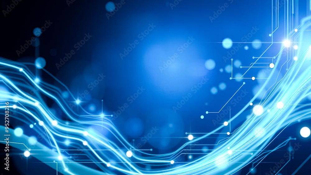 Poster abstract blue technology background with circuitry and bokeh lights