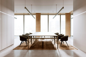 Modern conference room interior with large windows and city view. 3D Rendering