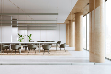 Modern conference room interior with glass walls in a corporate office building. 3D Rendering