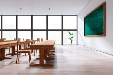 Modern classroom interior with wooden desks and large windows. 3D Rendering