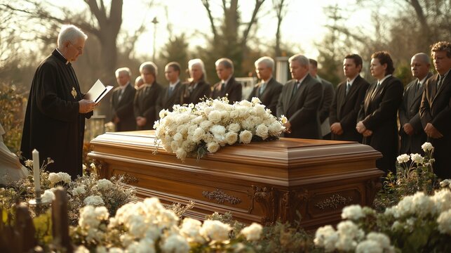 Solemn funeral service peaceful cemetery mourners in black gathered around flower-adorned wooden casket, paying their last respects.