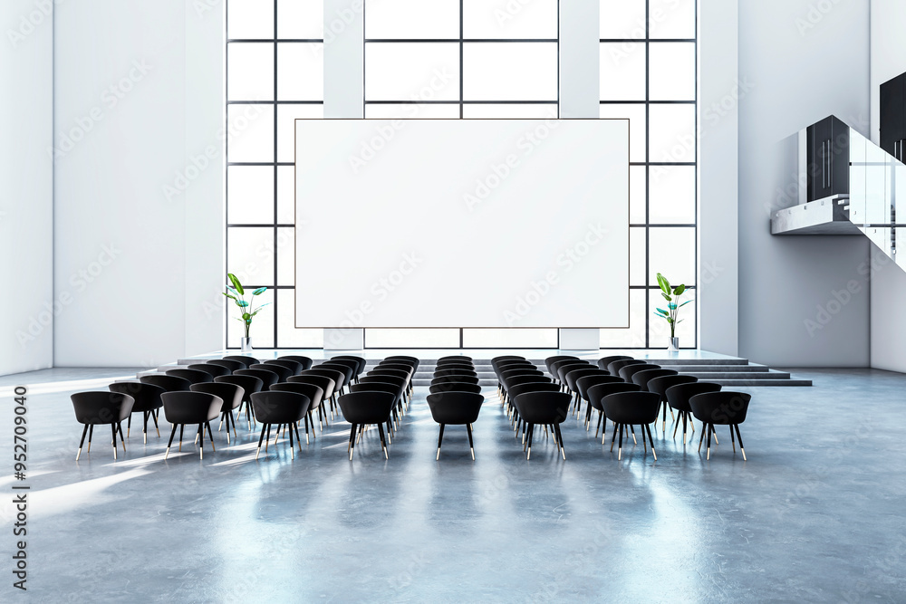 Aufkleber modern auditorium with black chairs and large screen in spacious room. 3d rendering