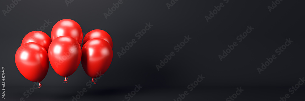Poster Red balloons floating on a dark background with empty space for text or design. 3D Rendering