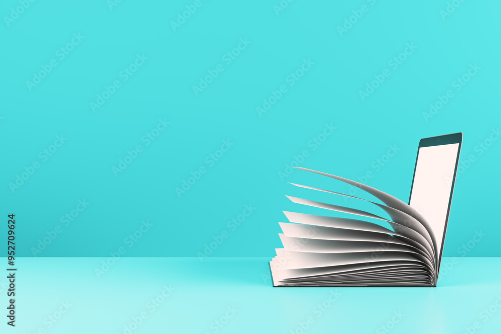 Poster open book transforming into a digital tablet on a blue background. 3d rendering