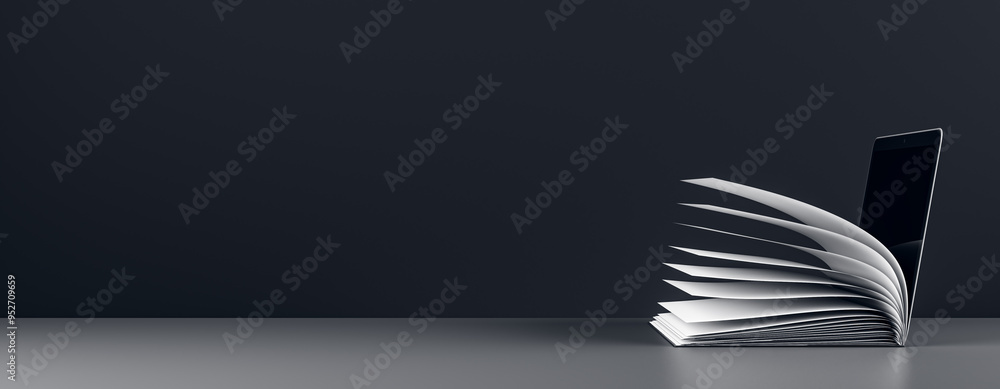 Aufkleber open book transforming into a laptop on a grey table, black background. 3d rendering