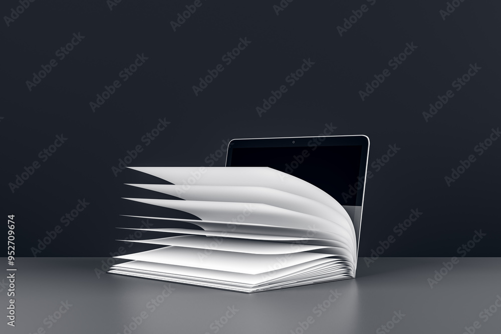 Poster Open book with pages turning in front of a laptop on a grey surface. 3D Rendering