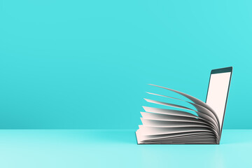 Open book transforming into a digital tablet on a blue background. 3D Rendering