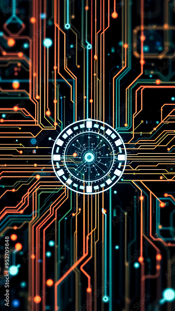 Poster abstract circuit board with glowing lines and a center hub