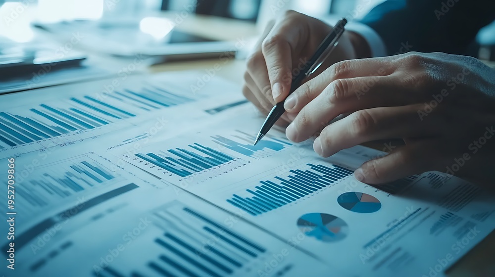 Poster close-up of a hand analyzing financial data with a pen