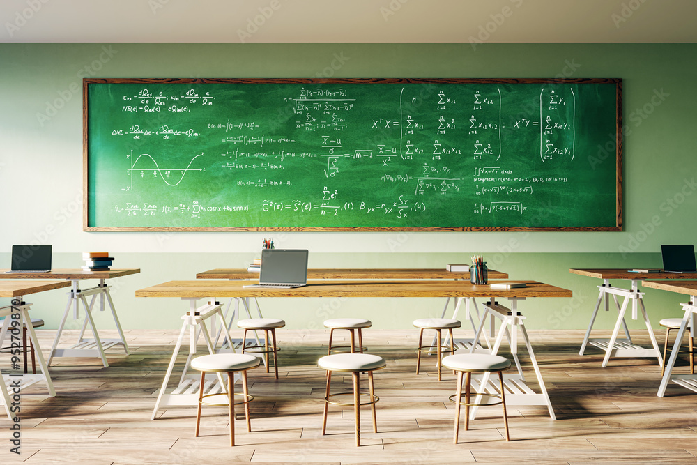 Poster Empty modern classroom with laptops on wooden desks in front of a chalkboard with equations. 3D Rendering