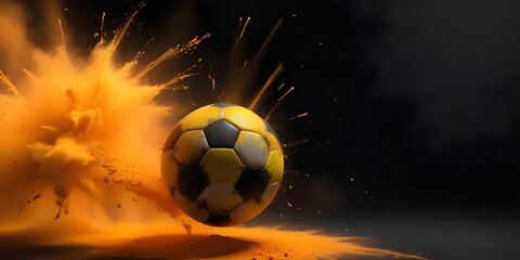 Yellow and black soccer ball colliding with a burst of yellow powder, creating a dynamic and vibrant explosion effect.
