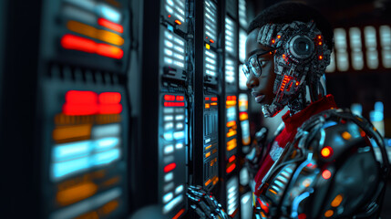A software engineer humanoid cyborg services servers and line equipment in a data center, the concept of using chips and implants with computer systems, technology development and scientific progress