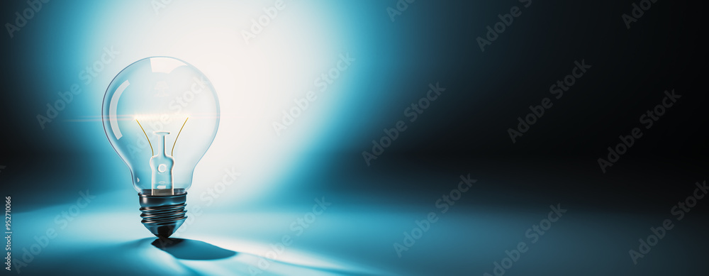 Poster Lightbulb illuminating on a dark background, symbolizing creativity and ideas. 3D Rendering