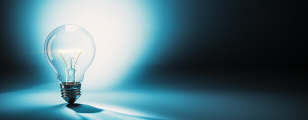 Lightbulb illuminating on a dark background, symbolizing creativity and ideas. 3D Rendering