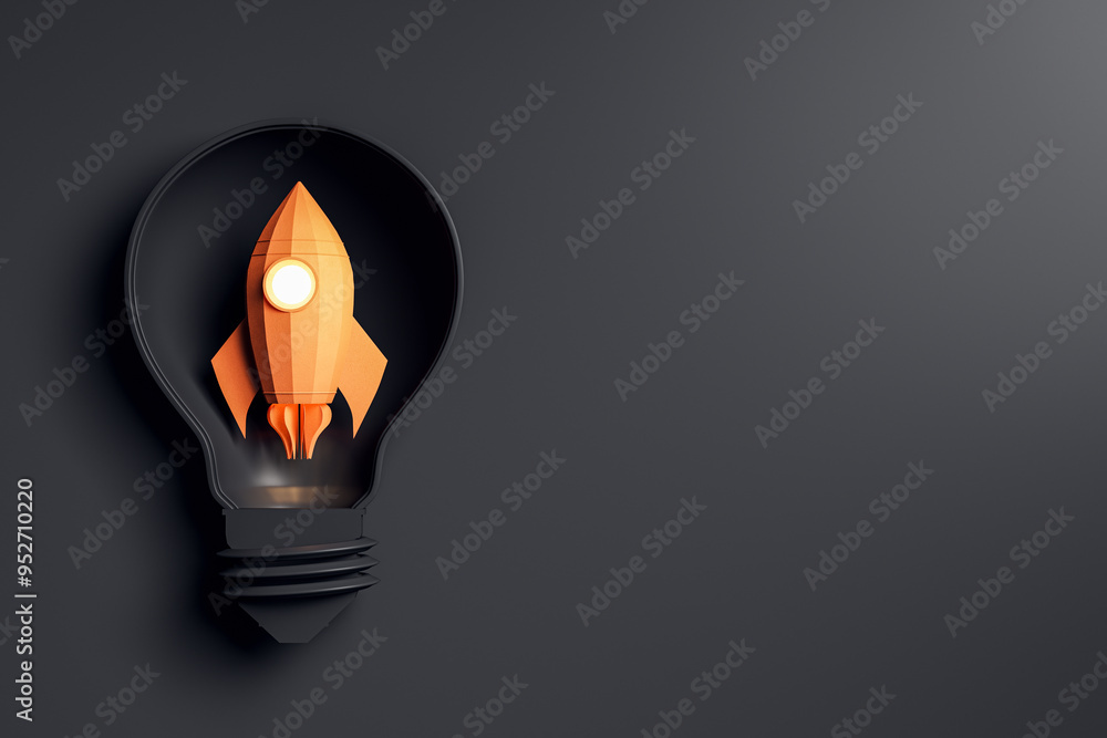 Poster Lightbulb with Rocket Inside on Dark Background, Symbolizing a Startup. 3D Rendering