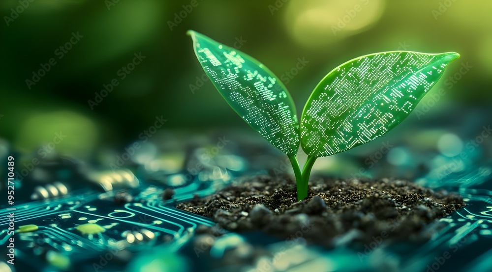 Aufkleber green sprout emerging from soil with circuit board patterns symbolizing eco friendly technology