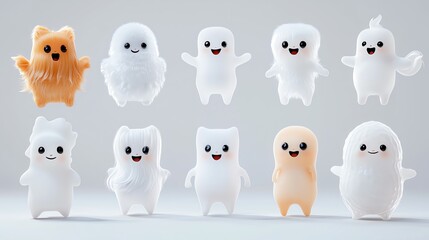 Cute collection of playful ghost characters in various colors, perfect for Halloween and whimsical designs.