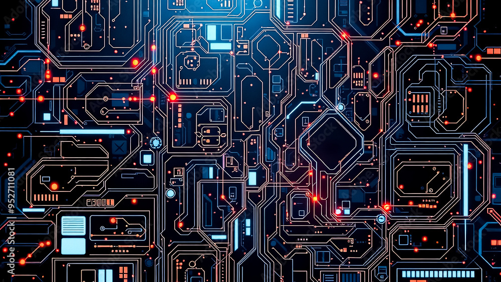 Poster abstract circuit board with glowing lines and red dots