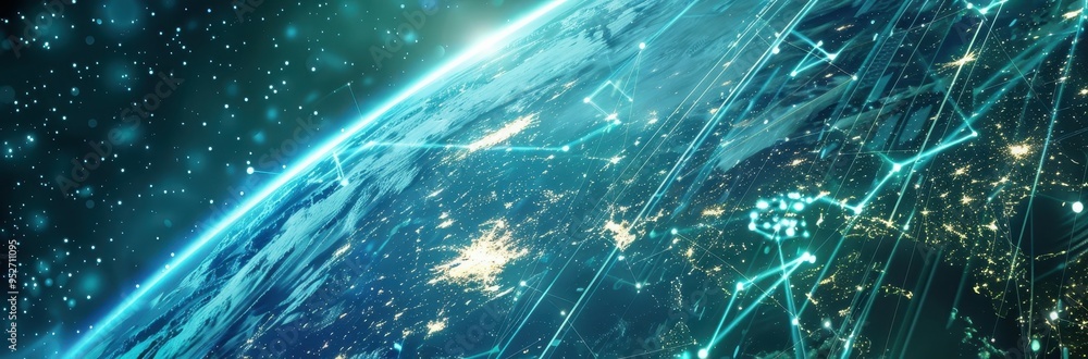 Poster futuristic technological illustration of earth from space with glowing network connections and digit
