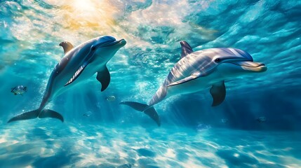Fototapeta premium Graceful Dolphins Performing Synchronized Acrobatics in Shimmering Ocean Seascape