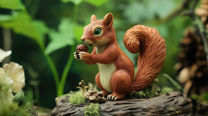 Obraz premium A cute squirrel figurine with a big bushy tail sits on a tree trunk holding a nut in its paws. The figurine is surrounded by green foliage.