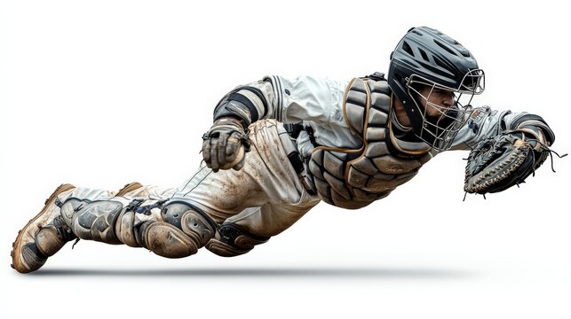 Baseball Catcher in Action: A determined baseball catcher dives to make a play, showcasing the speed, agility, and focus required in this demanding position. The image captures the intensity and dynam - Powered by Adobe