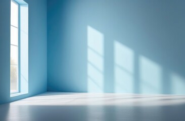 Fototapeta premium empty blue wall, light from the window, daylight, empty space, modern minimalist interior,