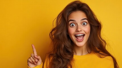 Obraz premium Excited woman pointing up with a surprised expression.