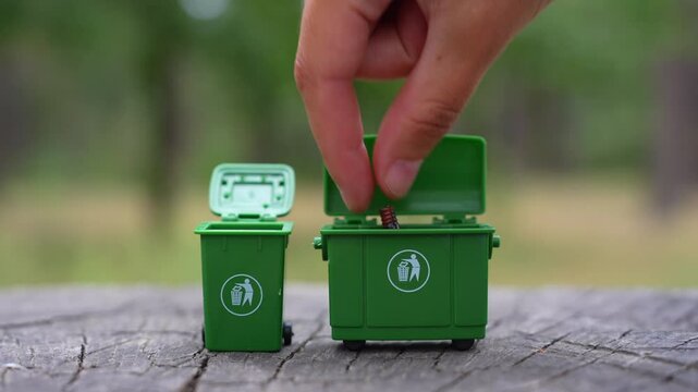 Close-up of a hand placing different types of waste like food scraps, glass, plastic, and paper into miniature bins in a forest, ignoring sorting rules.