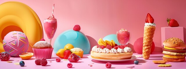 Playful dessert arrangement with vibrant colors on a pink background