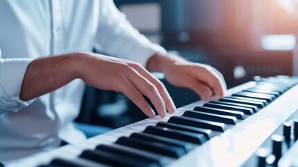 Obraz premium A close-up of hands playing a keyboard, conveying the passion and creativity of music production in a modern studio setting.