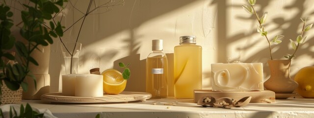 Organic skincare and lemon-themed decor on a sunlit shelf