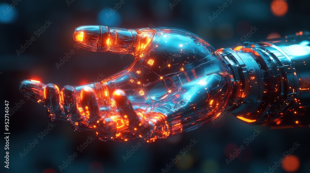 Poster 3d render of a metallic arm pointing at a glass ball illuminated by neon light on a dark blue backgr